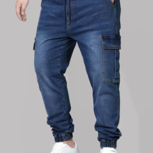 Men Lightly-Washed Tapered Jeans with Cargo Pockets