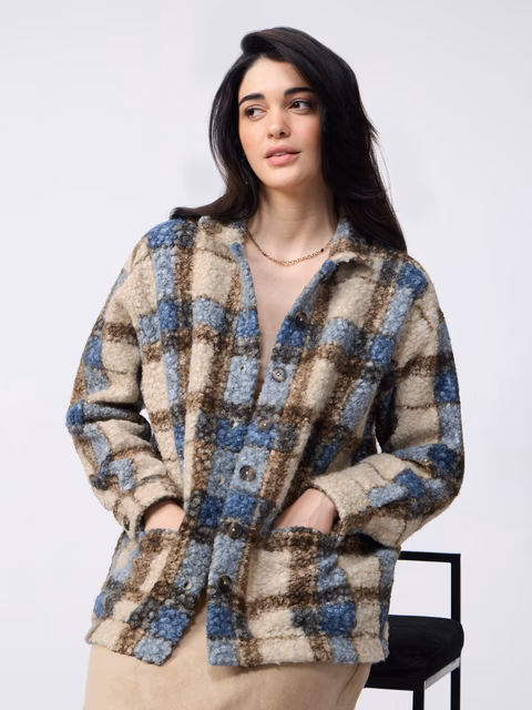 Plaid Teddy Shacket: Brown