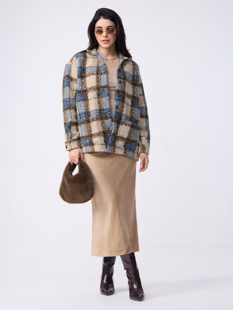 Plaid Teddy Shacket: Brown - Image 2