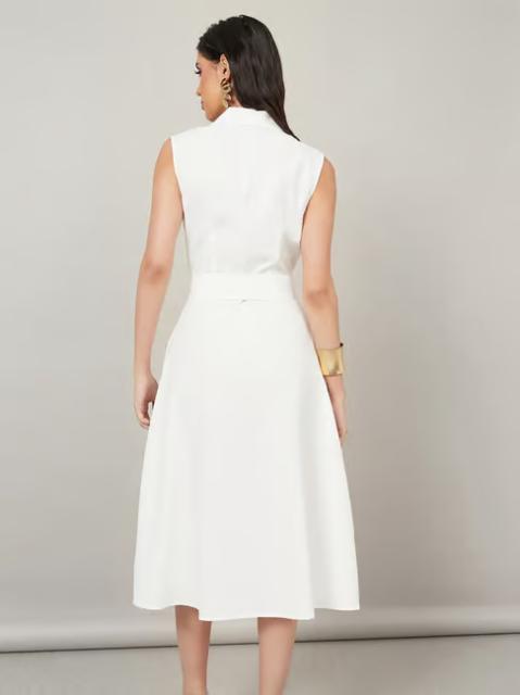 Styli White Regular Fit Midi Dress With Belt - Image 2