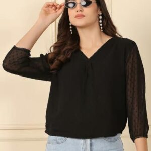 NEUDIS Black Chiffon Self Design Regular Fit Top