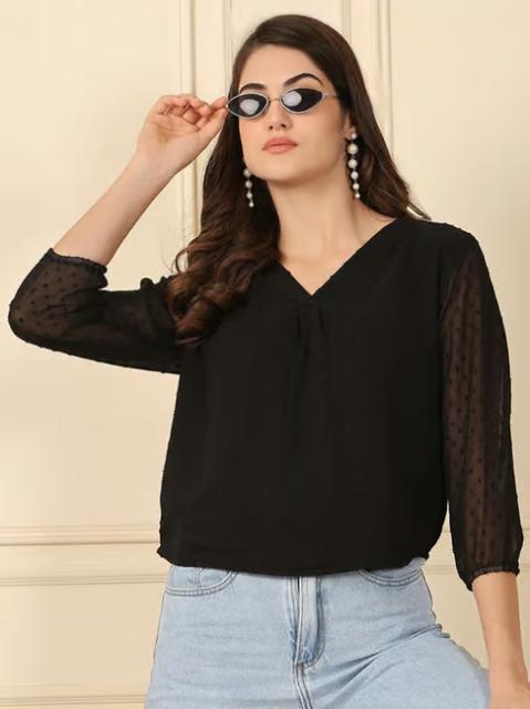 NEUDIS Black Chiffon Self Design Regular Fit Top