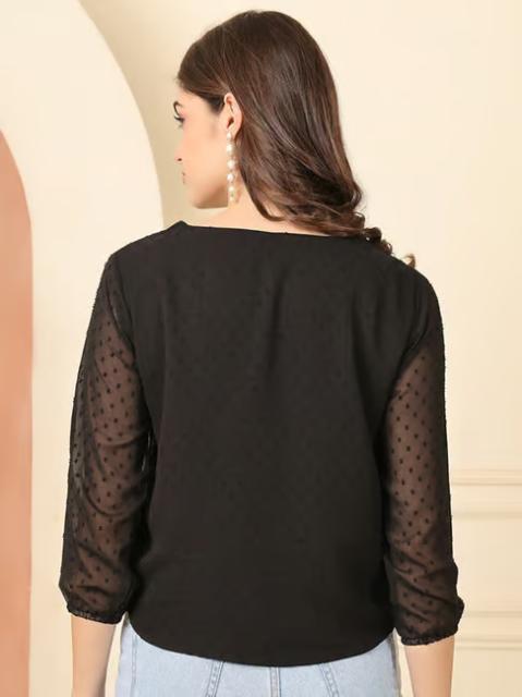 NEUDIS Black Chiffon Self Design Regular Fit Top - Image 2
