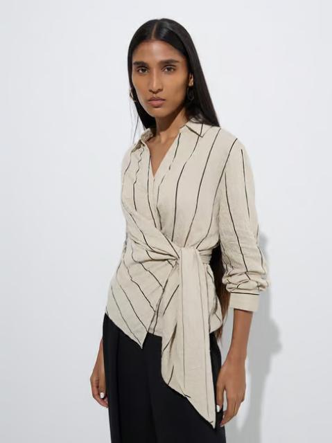 Wardrobe by Westside Beige Stripe Printed Textured Top