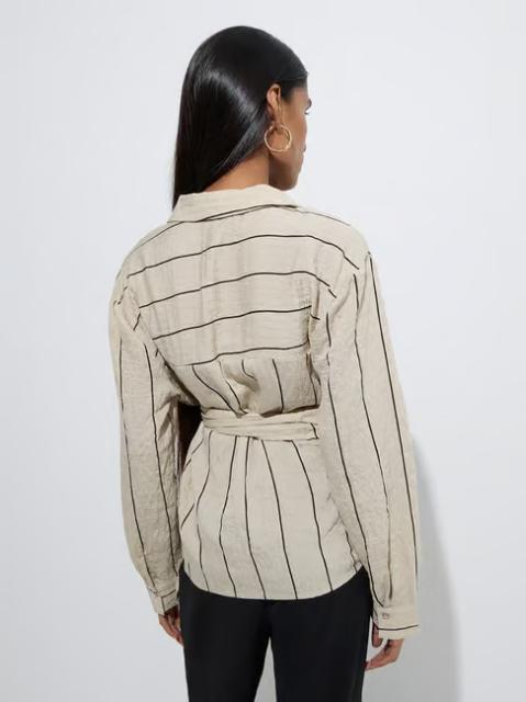 Wardrobe by Westside Beige Stripe Printed Textured Top - Image 2
